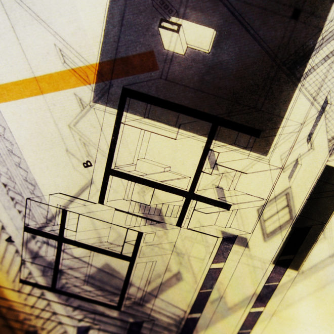 Bauhaus Bucher Architecture Mashup - Multiple Print Depth Effect - 11x9 Led Lightbox by Mini-Cinema (Detail)