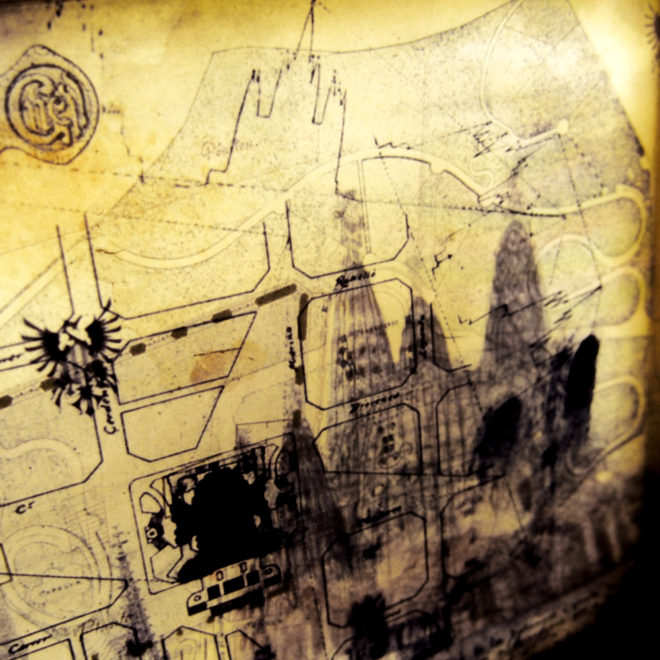 Gaudi Masterplan Architecture Sketches - Multiple Print Depth Effect - 9x11 Lightbox by Mini-Cinema (Detail)