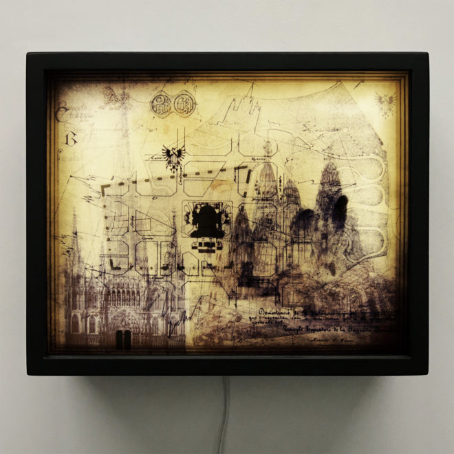 Gaudi Masterplan Architecture Sketches - Multiple Print Depth Effect - 9x11 Lightbox -BLK