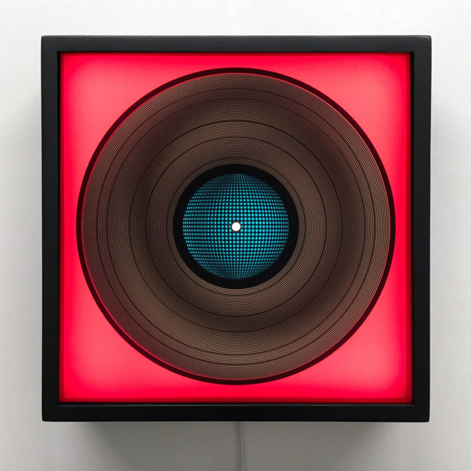 Blue Mirror Ball on Fuchsia - Spinning Lux Records Op Art – 12x12 Lightbox