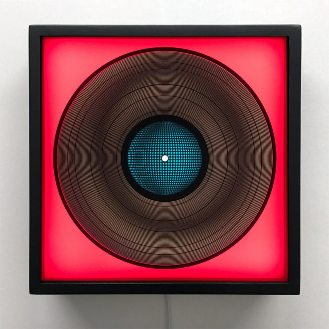 Blue Mirror Ball on Fuchsia - Spinning Lux Records Op Art – 12x12 Lightbox