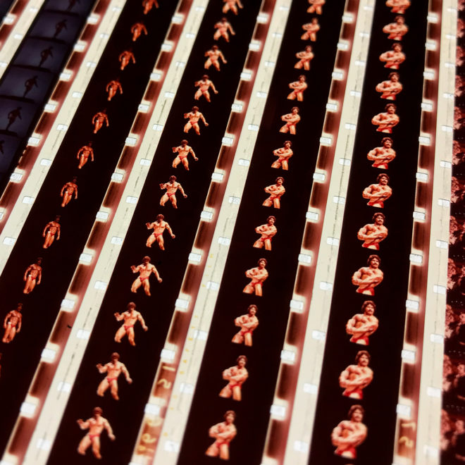 1970s Mr Olympia Beefcake Competition - 16mm Film Collage - 18x12 Lightbox by Hugo Cantin : Mini-Cinema _close2