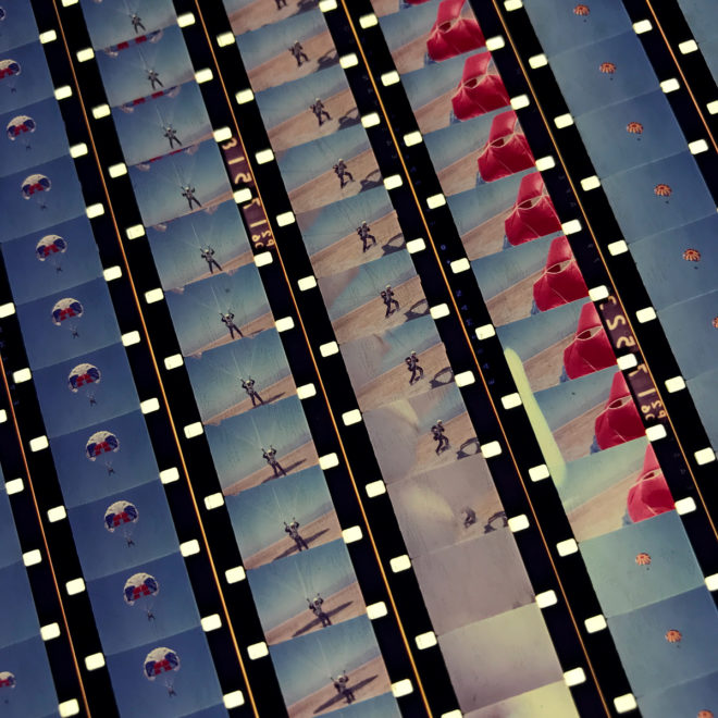 Skydiving Parachute Jump Home Movie - 16mm Film Collage - 14x14 Lightbox Hugo Cantin : Mini-Cinema _close2