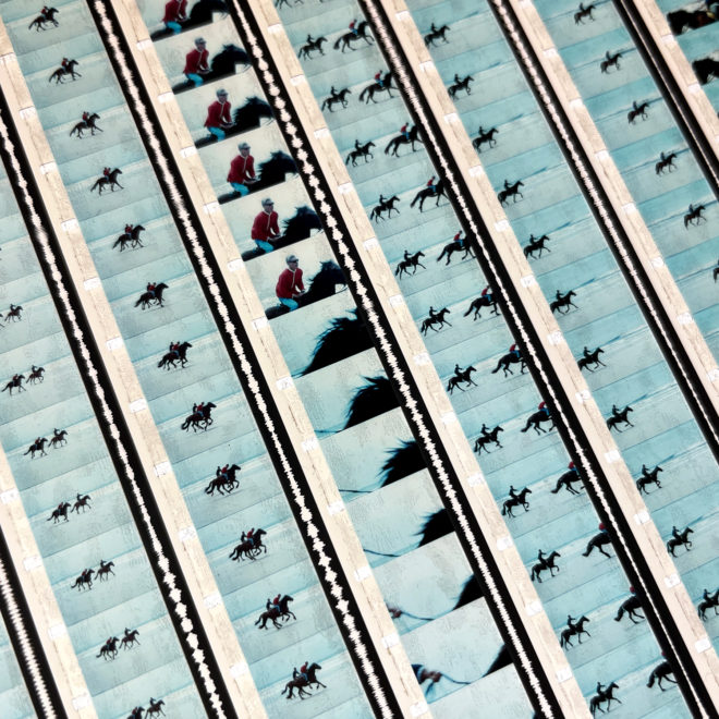 Surfer Boys Riding Horses - 16mm Film Collage - 12x12 Lightbox by Hugo Cantin : Mini-Cinema _close1