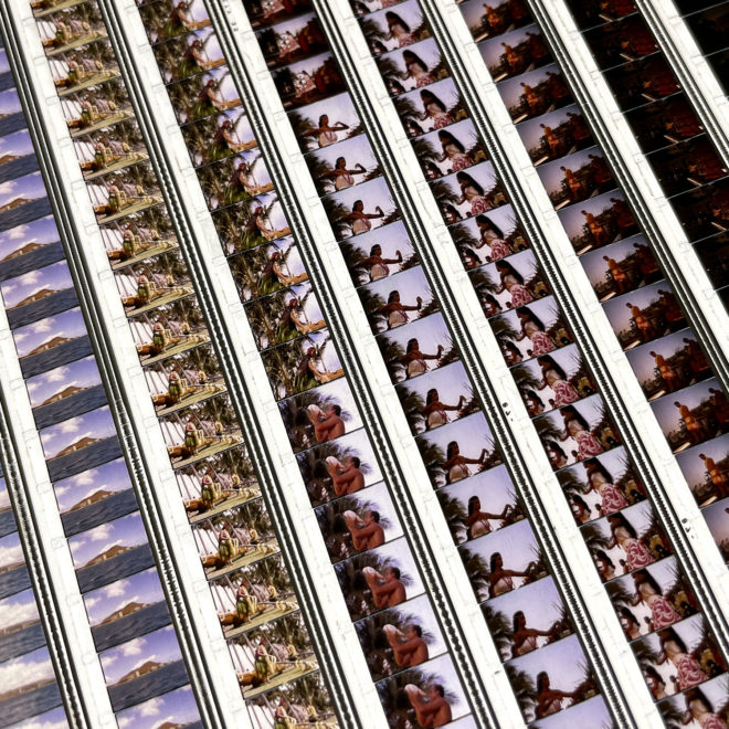 Fly Pan Am to Hawaii 1970s Sailboats & Luau Feast - 16mm Film Collage - Lofty 58x14 Lightbox by Hugo Cantin - Mini-Cinema -2