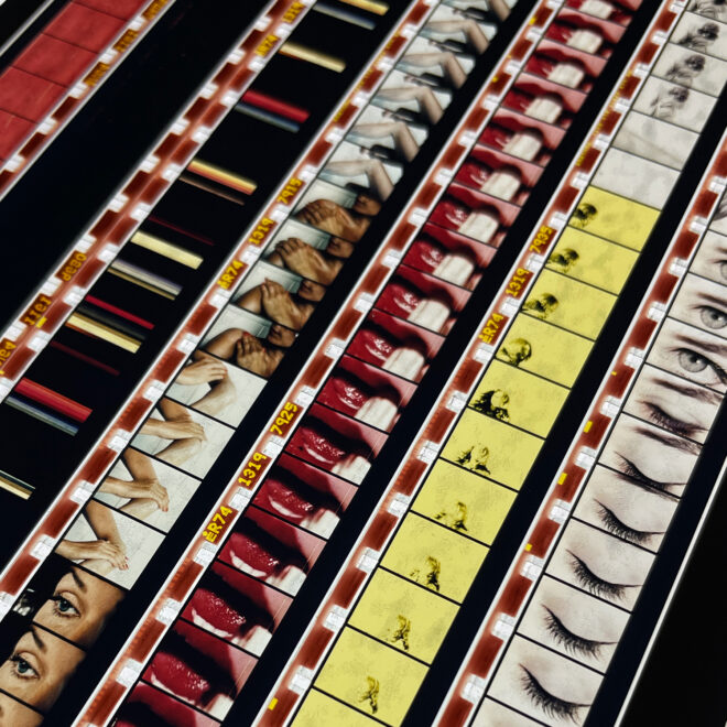 Lipstick Cut-Up Mix - 16mm Film Collage - 58x5 Long Slim Lightbox by Mini-Cinema - Hugo Cantin _close2