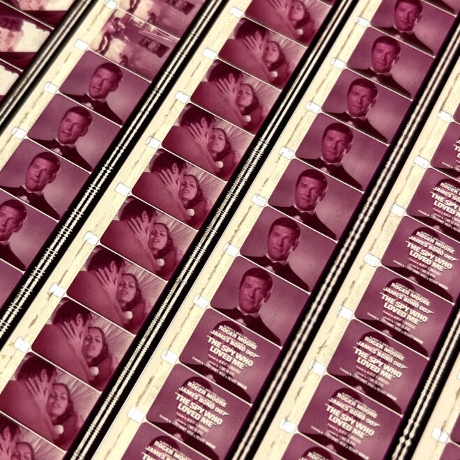 James Bond The Spy Who Loved Me 1977 Movie Trailer - 16mm Film Collage - 18x18 Lightbox by Hugo Cantin : Mini-Cinema _close1