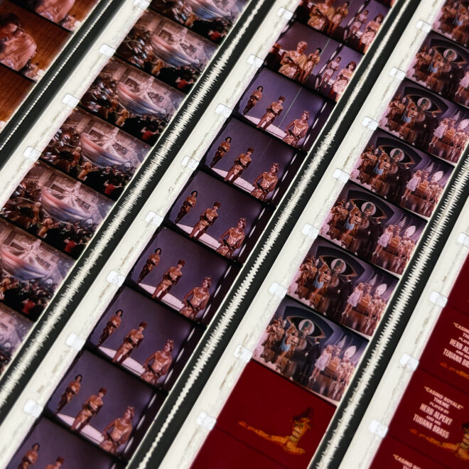 Casino Royale 1967 James Bond Spoof Movie Trailer - 16mm Film Collage - 18x18 Lightbox by Mini-Cinema - Hugo Cantin _close2