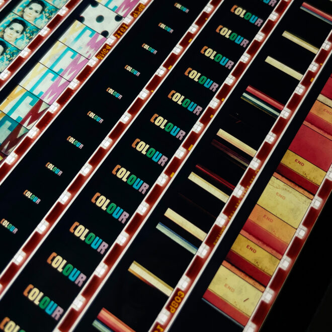 Film Fair Utopia - Leader Ladies Mashup - 16mm Film Collage - 12x12 Lightbox by Mini-Cinema - Hugo Cantin _close2